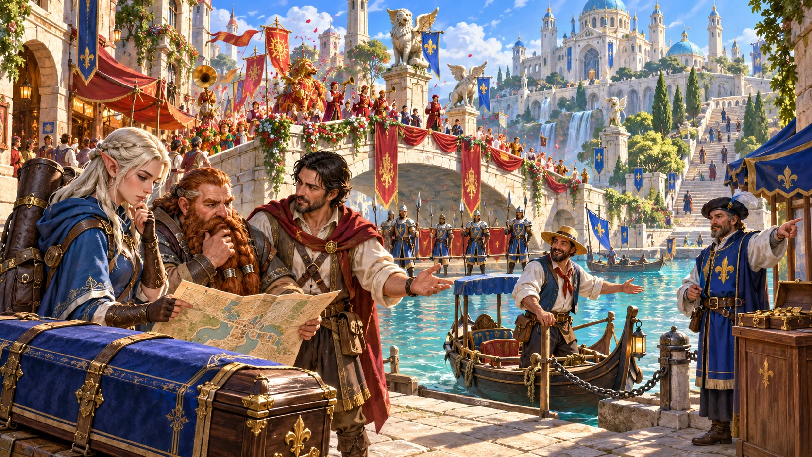 Adventurers review a city map beside a festival harbour while a boatman and official point toward different routes.