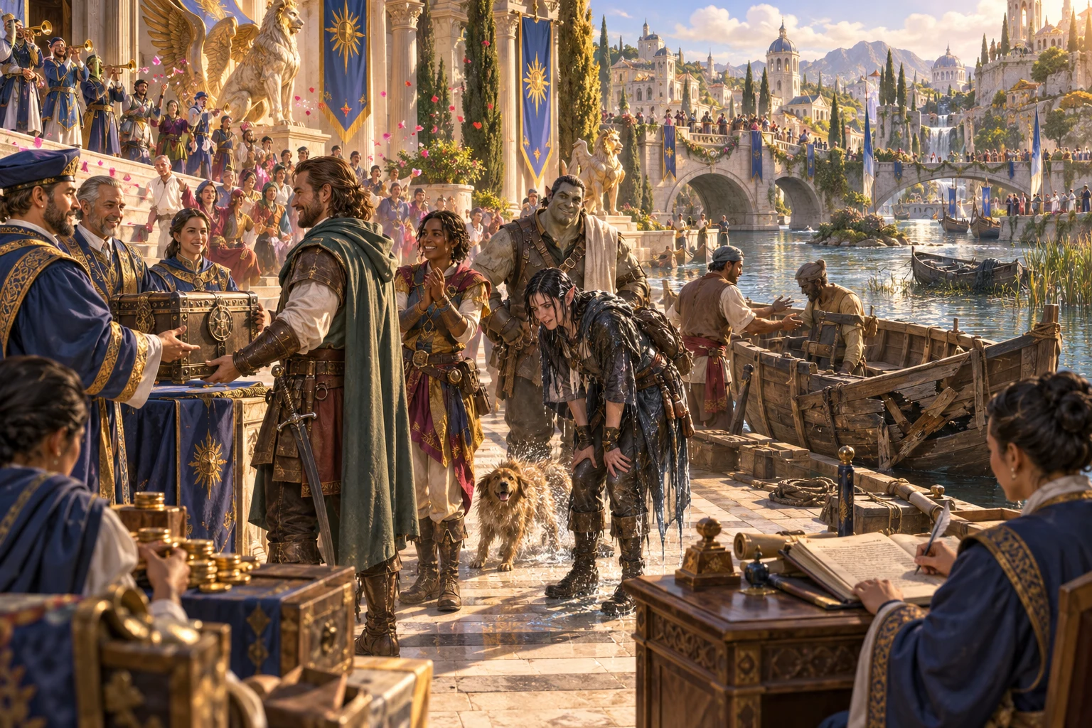 Adventurers return a decorated chest beside a busy fantasy harbour while wet companions recover near their boat.