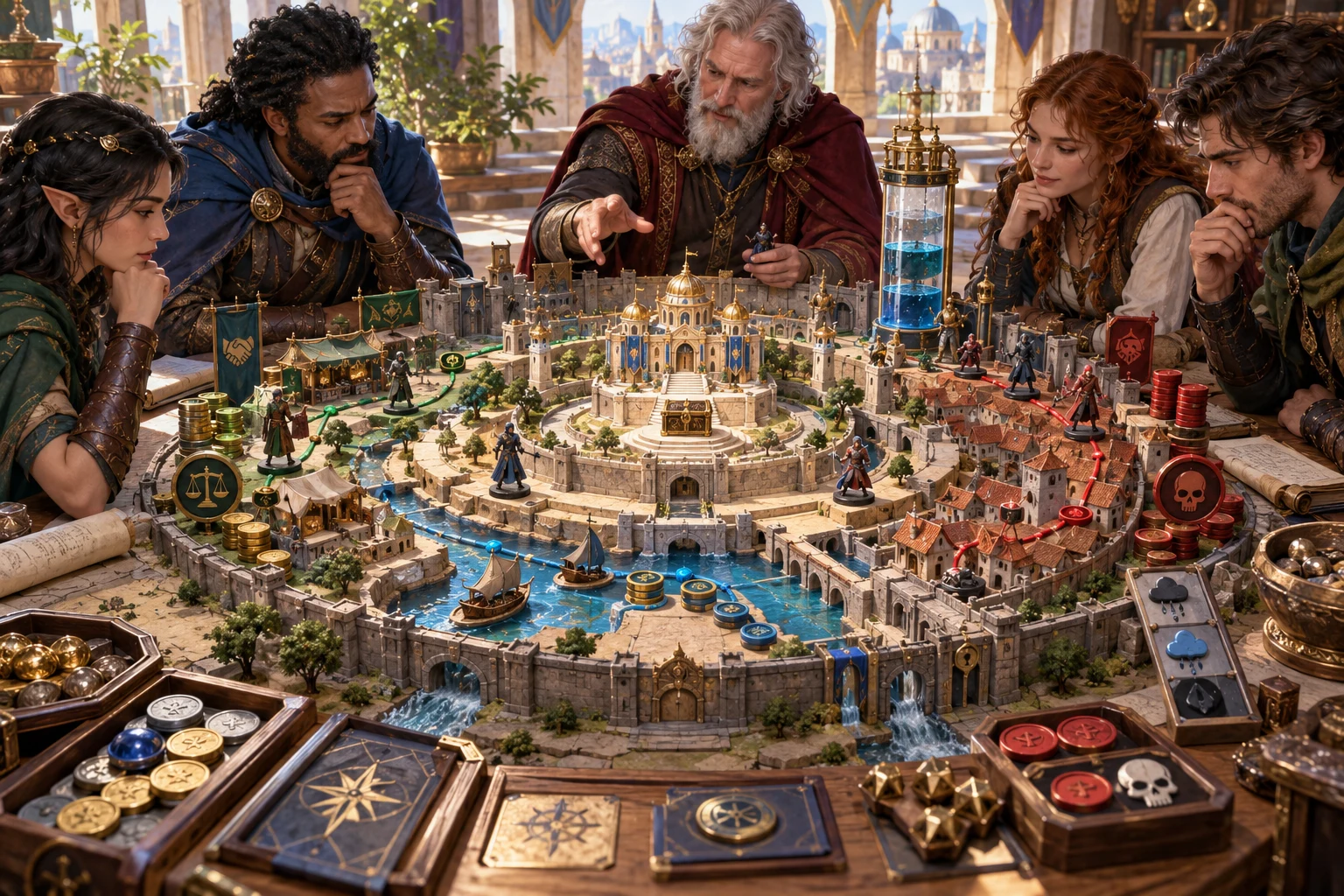 Companions review routes, costs and rising pressure on a detailed miniature fantasy city with ships, markers and an hourglass.